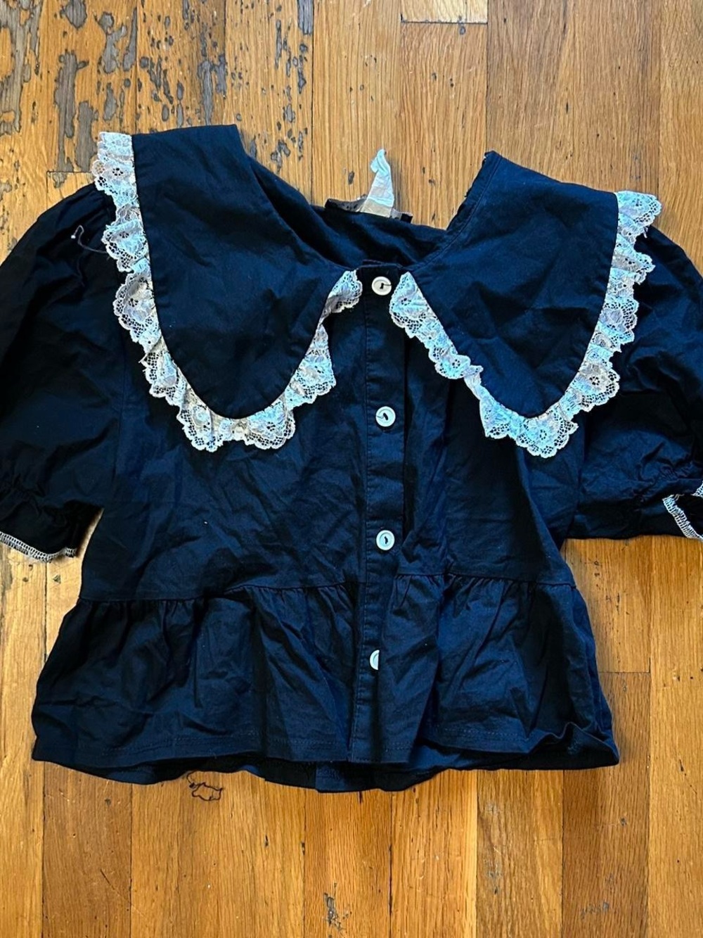 Button-Front Blouse with Lace-Trim Collar